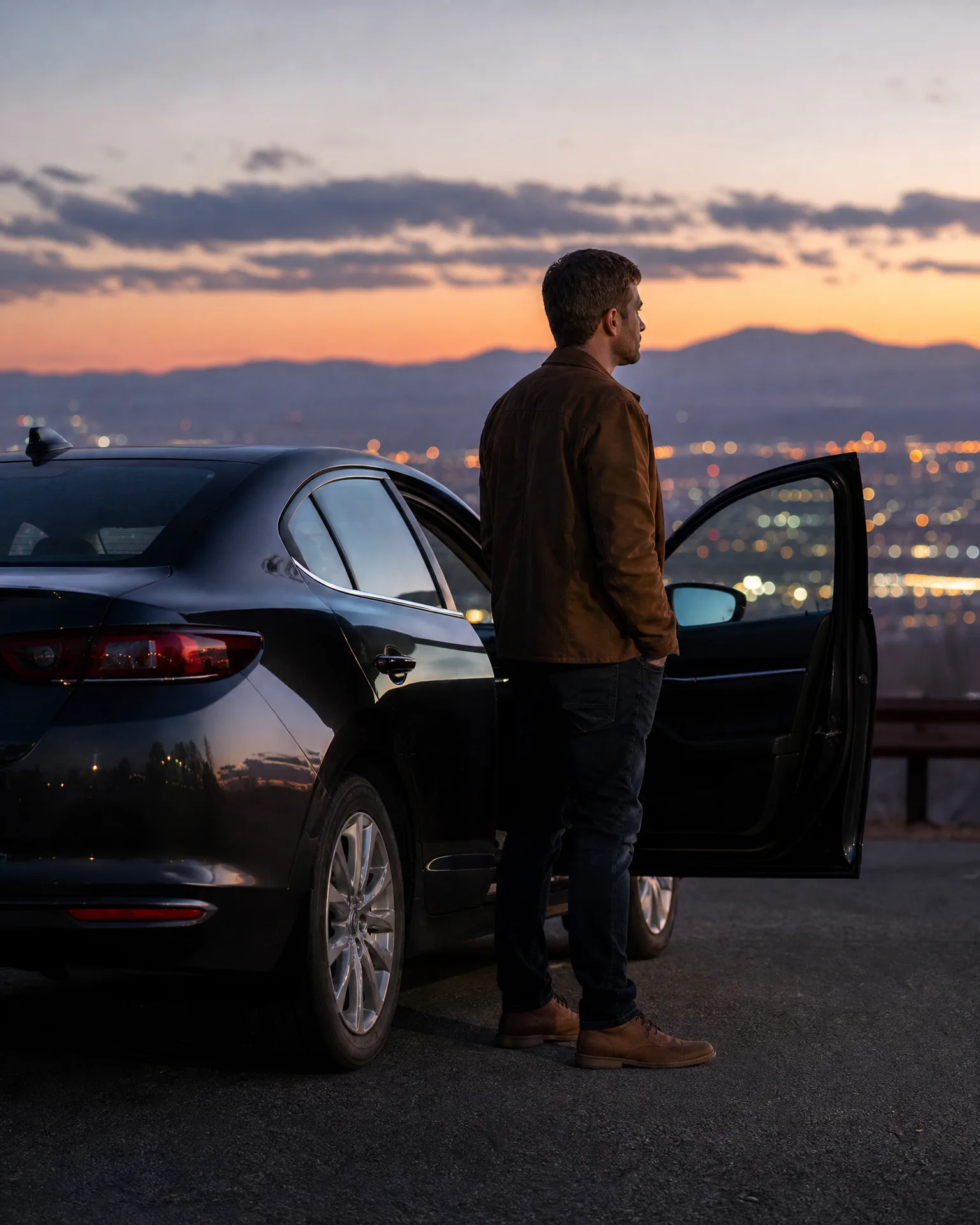 A man in a brown jacket and jeans stands beside a dark sedan with its front door open, overlooking distant city lights and hills at dusk.