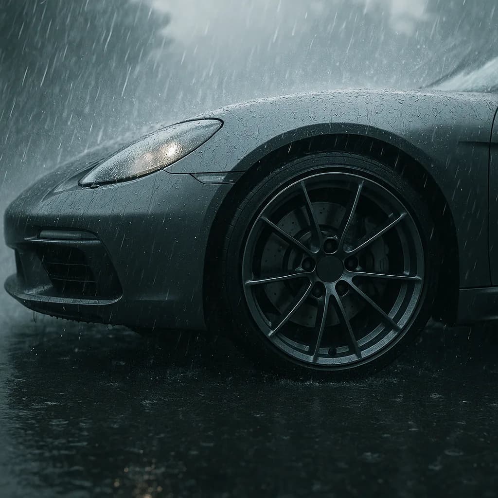 Sports car front wheel and fender covered in rain droplets during heavy rainfall on wet pavement